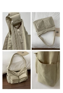 Detailed views of a large quilted nylon tote bag with multiple pockets and zipper closure
