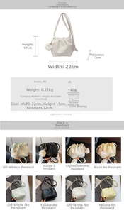 Detail showing various colors of pleated drawstring bucket bags with plush charms