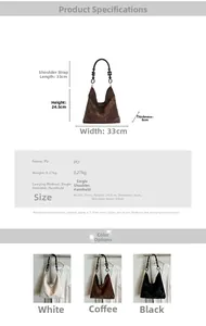 Detailed size chart for pleated PU hobo bags with dimensions 33x24.5x6cm in white and black