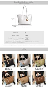 Vue détaillée du grand sac cabas en PU montrant les dimensions et les six options de couleur