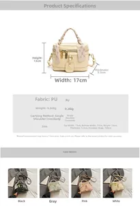 Detailed size chart and four color variants of the stylish PU box handbag with silk scarf