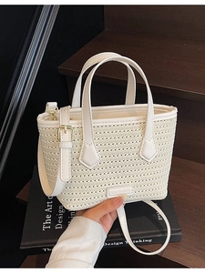 Women Woven Bucket Bag PU Leather Trim Adjustable Shoulder Strap Crossbody Handbag For Summer Vacation Daily Travel