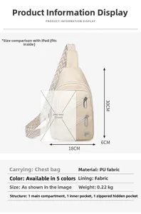 Detailed size specifications for beige chest bag with dimensions and iPad Mini comparison