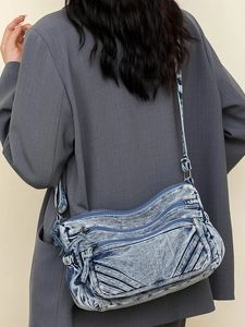 Vintage Washed Denim Multi Pocket Crossbody Bag For Women Large Capacity Casual Tote Shoulder Bag Functional Cargo Purse