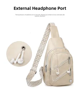 Detail of beige crossbody bag showing double zip compartments and metal earphone port