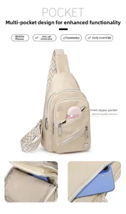 Detail of off-white multi-pocket sling bag with textured PU leather and wavy strap