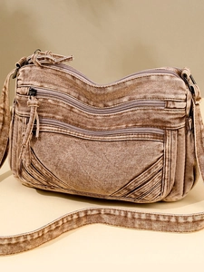 Vintage brown washed denim crossbody tote bag with multiple zipper compartments for women