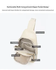 Detail view of large capacity beige crossbody bag with multi-compartment interior design