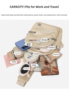 Beige crossbody bag interior view showing large capacity for iPad, umbrella and phone