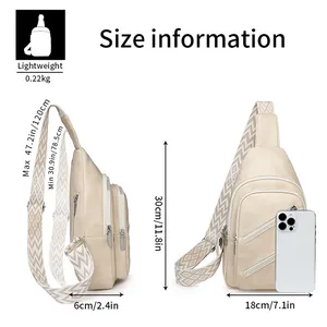 Size guide for beige crossbody chest bag showing dimensions 30x18x6cm and strap length details