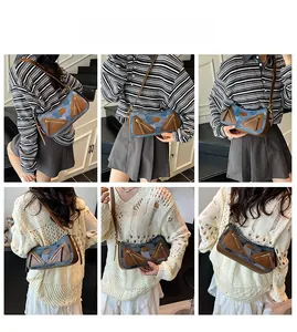 Detailed views of a denim and leather crossbody dumpling bag shown on a model
