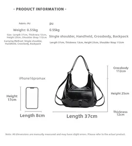 Detaillierte Größentabelle und Spezifikationen für die vielseitige schwarze PU Tasche