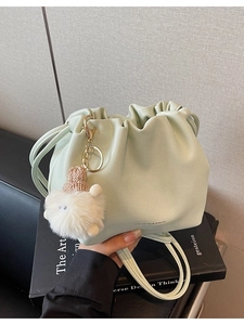 Women Fashion Pleated Bucket Bag PU Leather Drawstring Crossbody Bag With Plush Pendant Niche Design Daily Shoulder Purse