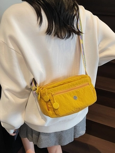 Classic yellow Oxford square shoulder bag with multi-pockets and printed strap