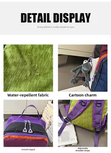 Detail of waterproof fabric and double zippers on the colorful multi-pocket backpack