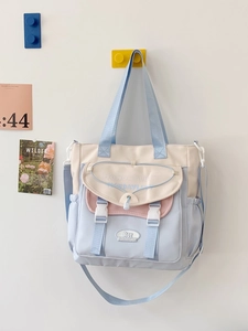 Women Large Capacity Color Block Nylon Crossbody Bag Japanese Style School Messenger Bag Lightweight Travel Tote Backpack