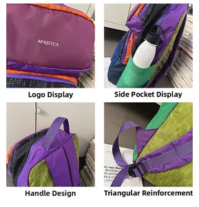 Detail view of colorful nylon backpack showing reinforced stitching and mesh side pocket
