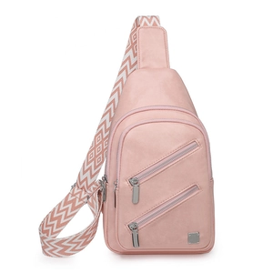 Pink PU leather crossbody bag featuring stylish patterned woven wide shoulder strap details