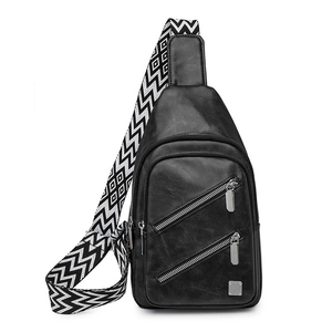 Close-up of black crossbody bag with geometric woven strap and double zippers