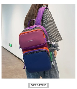 Close-up of a versatile multi-color patchwork backpack with wide shoulder straps and side mesh