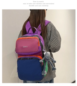 Detailed back view of a multi-color patchwork backpack with a cute frog plush pendant