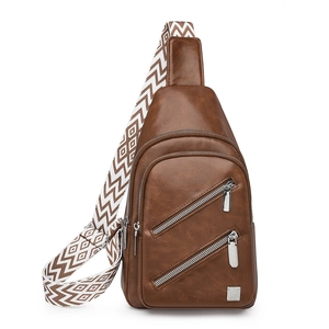 Detail of brown PU leather sling bag with silver zippers and geometric woven strap