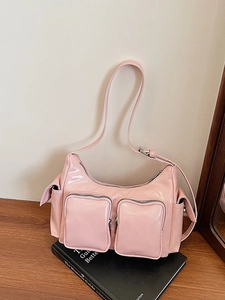 Women Vintage PU Leather Crossbody Bag Y2K Motorcycle Multi Pocket Shoulder Bag Solid Color Casual Hobo Bag With Zipper