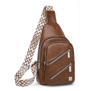 Detail of brown PU chest bag featuring three metal zippers and geometric patterned strap