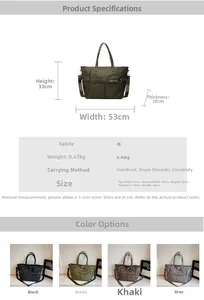 Tableau de dimensions détaillé pour grand sac fourre-tout en nylon disponible en quatre couleurs