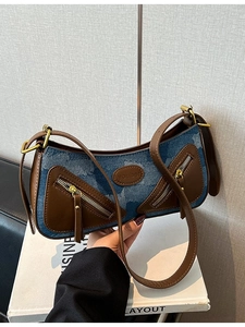 Vintage Denim Patchwork Baguette Bag For Women Retro Y2K Style Underarm Shoulder Bag With Adjustable Strap Commuting Handbag