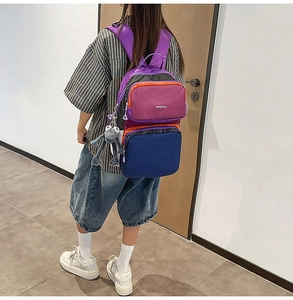 Detail of multi-color nylon backpack with decorative frog charm shown in indoor setting