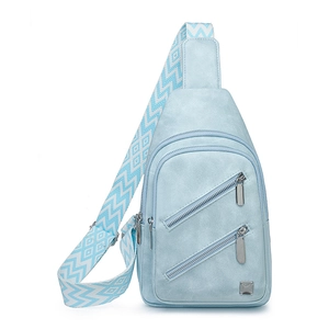 Close-up of light blue matte sling bag with multi-zipper pockets and ethnic woven strap