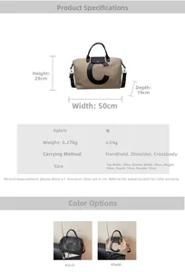 Detailed size specifications and dimensions for the large canvas travel tote bag