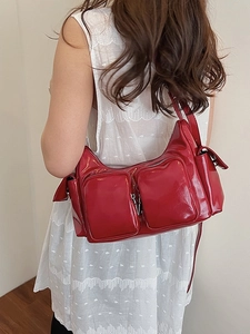 Retro red patent leather underarm bag with multi-pocket Y2K vintage chic design
