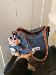 Fashion Denim Bucket Bag For Women Retro PU Leather Trim Crossbody Shoulder Bag With Teddy Bear Pendant Casual Handbag