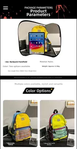 Detailed size guide of a 24x15x32cm contrast nylon backpack compared to an iPad tablet