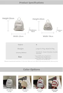 Size chart showing large and small bow backpacks with fabric material and dimensions