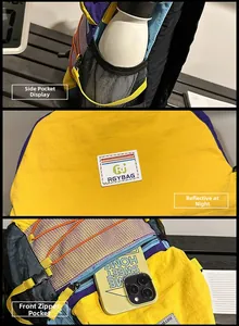 Detailed views of the multi-color backpack featuring mesh pockets and reflective safety logo