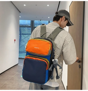 Rear view of model wearing a multicolor patchwork backpack with large capacity and straps