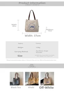 Detailed size specifications for canvas tote bag with LMD embroidery and color options