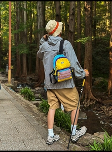 Detailed outdoor view of a colorful hiking backpack with bungee cord on forest trail