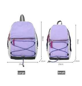 Size comparison chart for purple outdoor backpacks in large and small dimensions