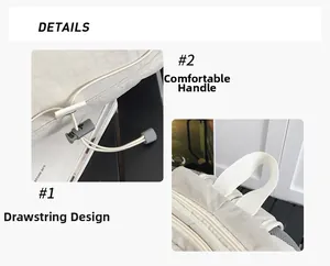 Detail view of durable drawstring closure and reinforced woven carry handle on small backpack