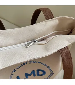 Detail of silver metal zipper closure and blue embroidery on off-white canvas tote bag