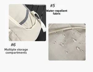 Detail of water-resistant fabric and side pocket storage on the beige travel backpack