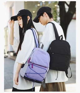 Outdoor leisure backpack with purple and grey splicing design shown in a scenic natural setting