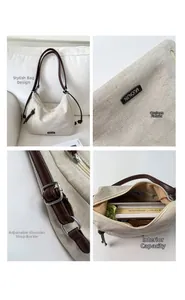 Detail of beige canvas tote featuring brown leather strap and spacious interior for books