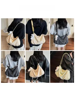 Multiple views of plaid hobo bags with bear pendant and adjustable straps for women