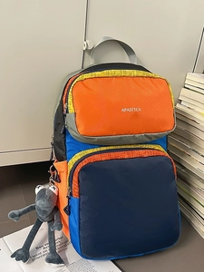Large capacity color-block nylon backpack with multiple pockets and a frog charm