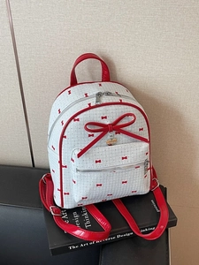Fashion Women Mini Backpack Jacquard Fabric Bowknot Artificial Pearl Decor Preppy Style Small School Bag For Travel Shopping Daily